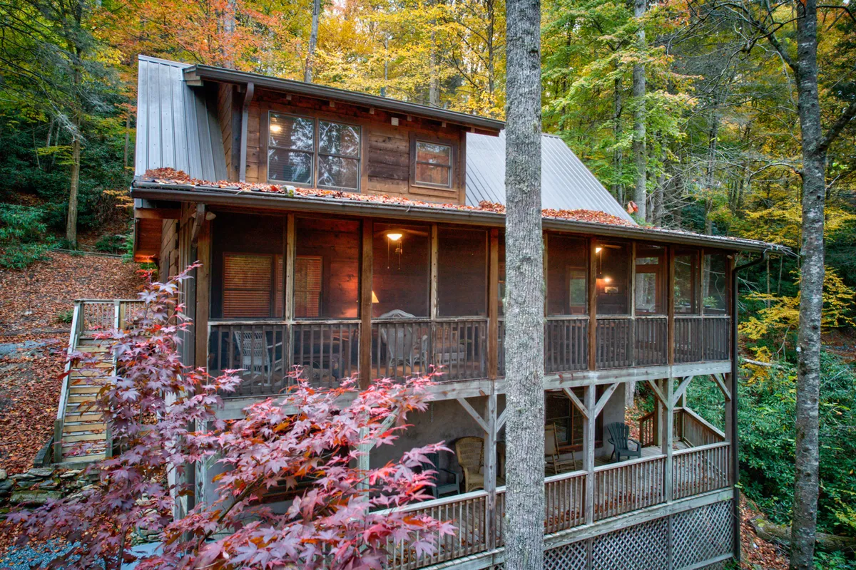 The cabin’s screened porch and deck overlook a tapestry of golden autumn foliage, with comfortable seating inviting guests to relax outdoors. The scene exudes warmth and serenity, ideal for lounging with a pet.