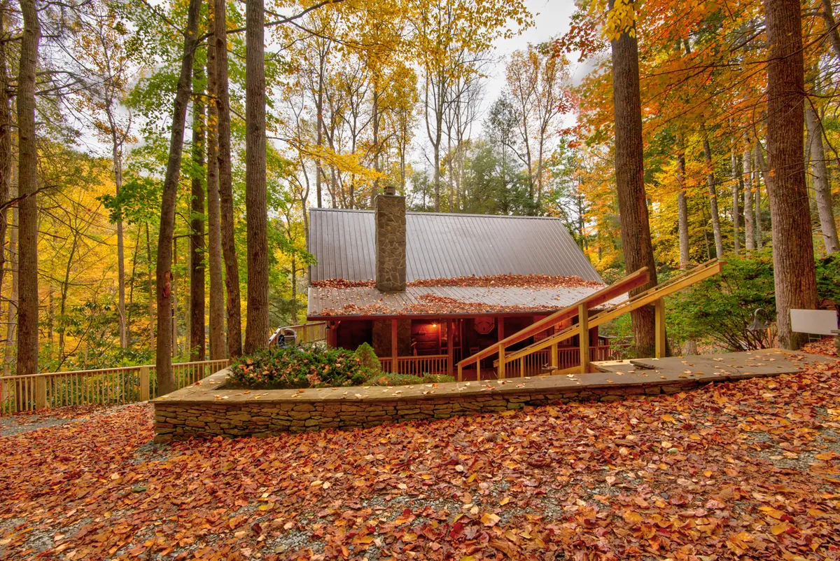 The front view of Bucks Cabin highlights its multi-level structure, stone chimney, inviting wooden steps, and the dense woodland backdrop. The exterior is both rustic and welcoming, suggesting ample space for groups to connect, embark on hikes, or simply relax together.